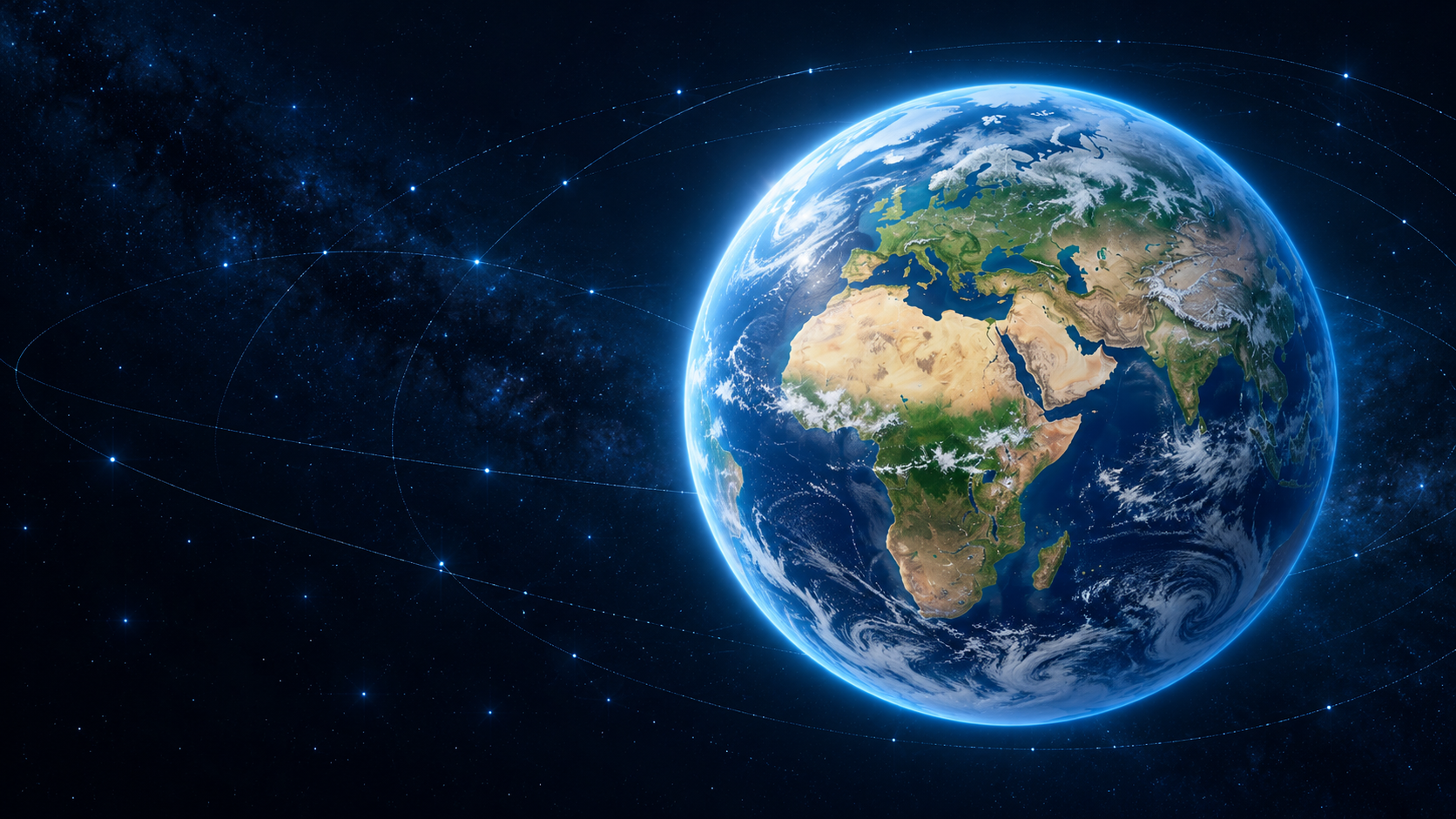 Earth glowing blue against a field of stars and sweeping orbital paths.