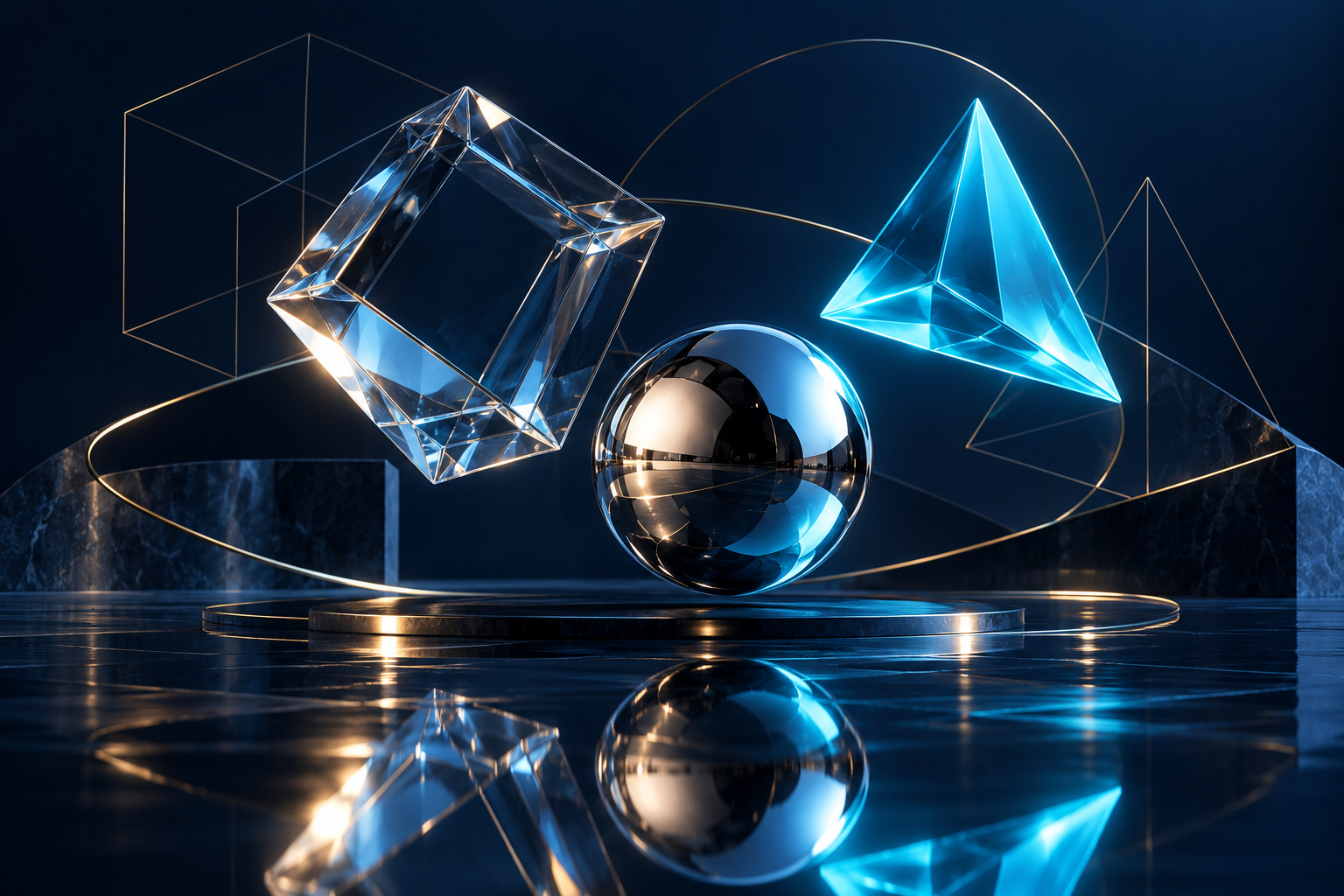 A glass cube, chrome sphere, and luminous cyan tetrahedron on a navy surface.