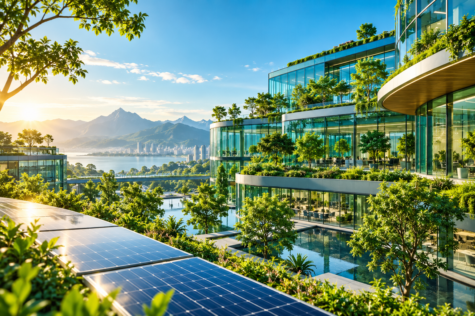 Futuristic glass offices surrounded by greenery and solar panels.